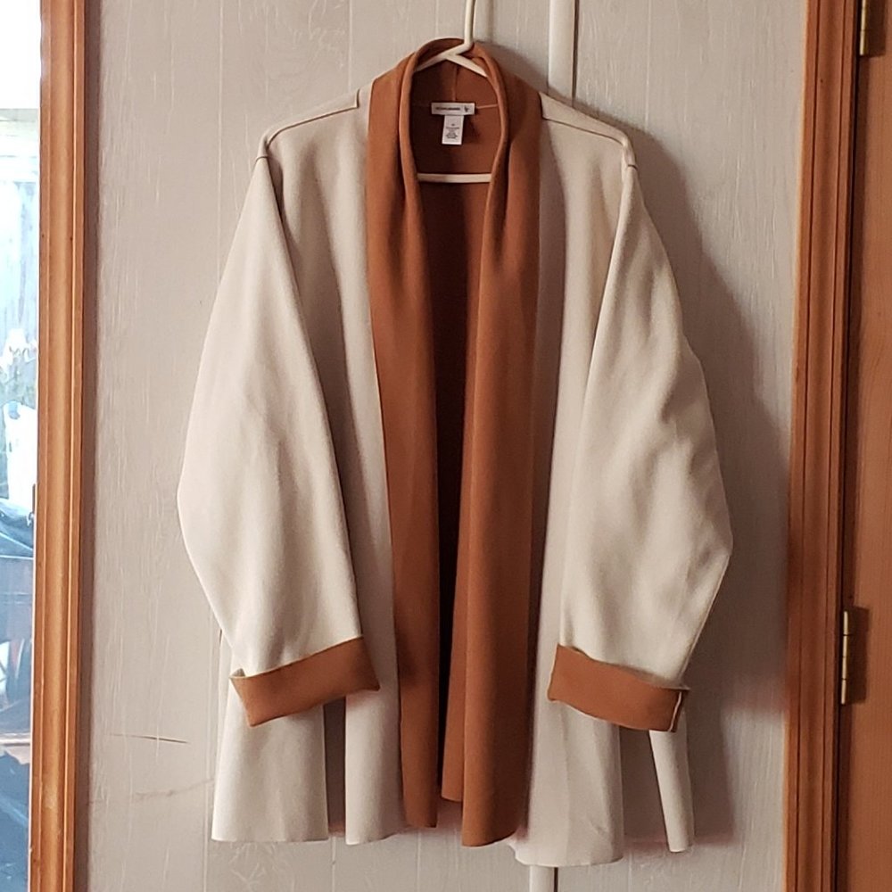 Susan Graver Reversible Open Front Bonded Fleece Jacket  3X   Ivory/Camel